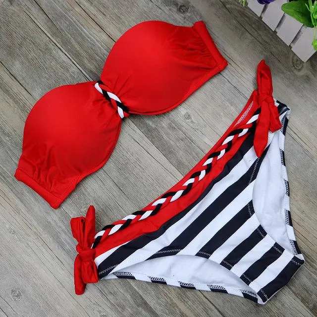 Plus Size Striped Two-piece Beachwear Bikinis Swim Set for Women