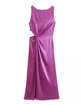 Purple Satin Cut Out Midi Dress