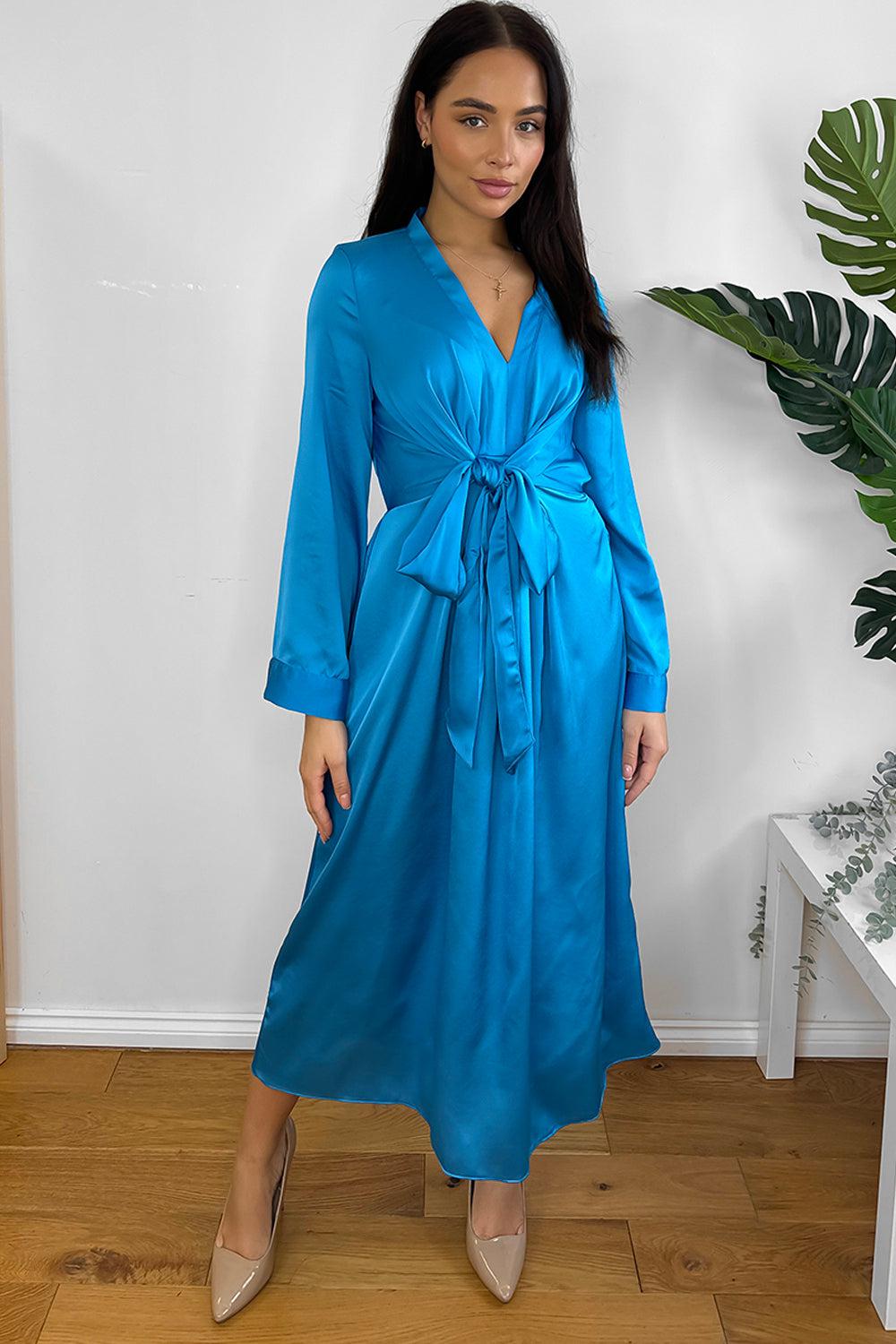 Royal Blue Satin Tie To Front Midi Dress