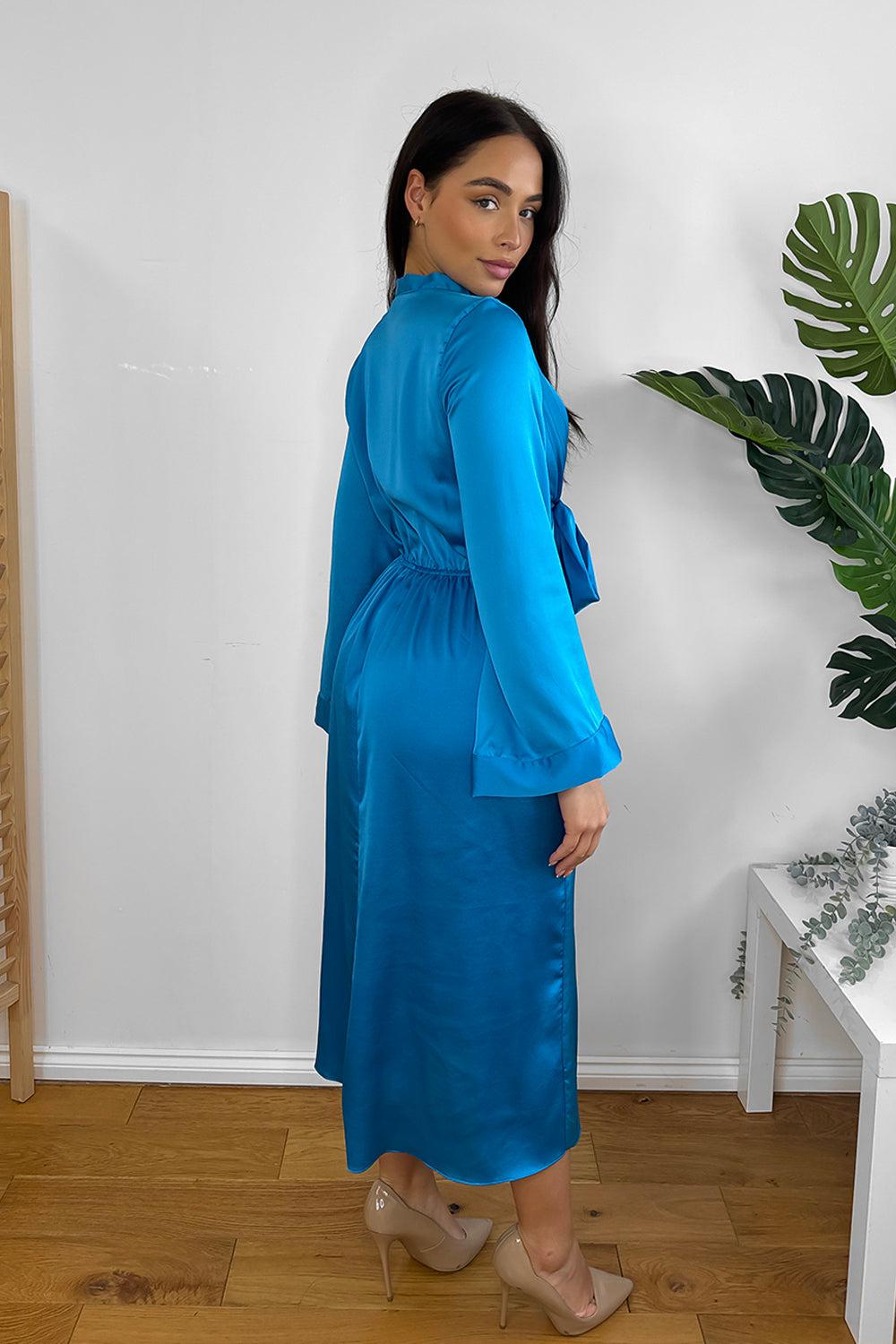 Royal Blue Satin Tie To Front Midi Dress