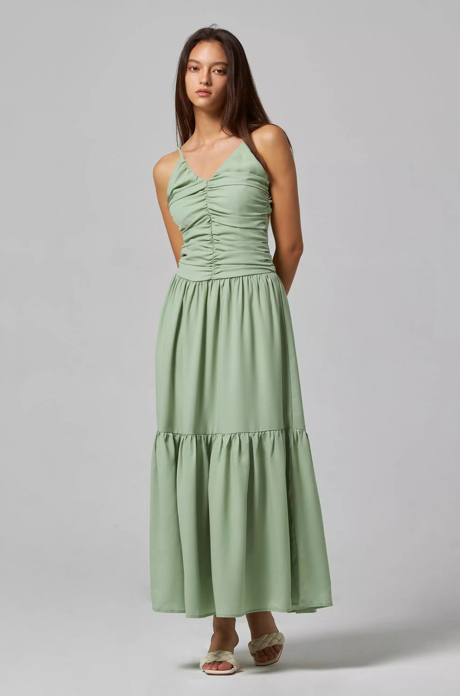 Scent of love ruching maxi dress in green