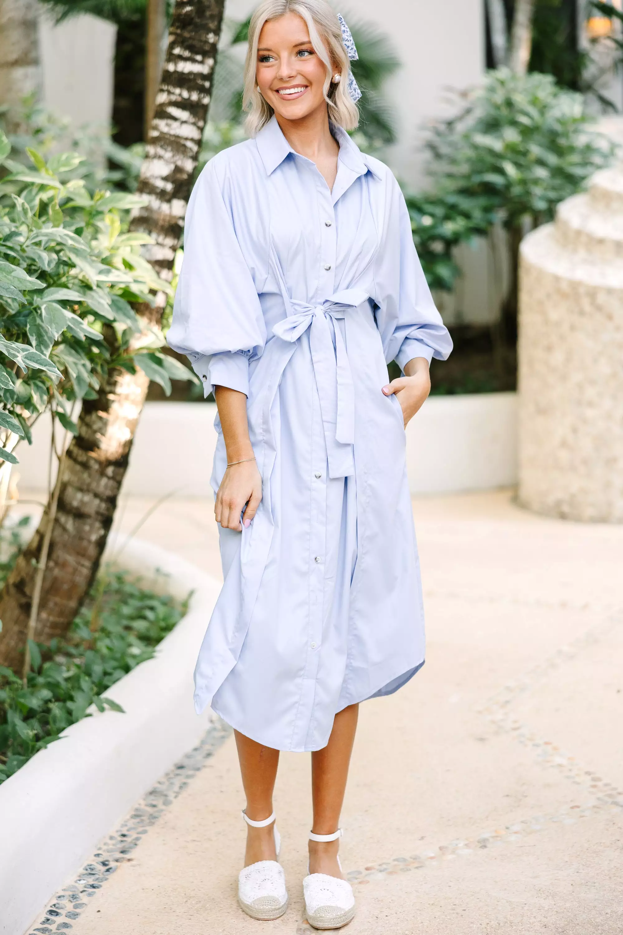 See You There Light Blue Button Down Midi Dress