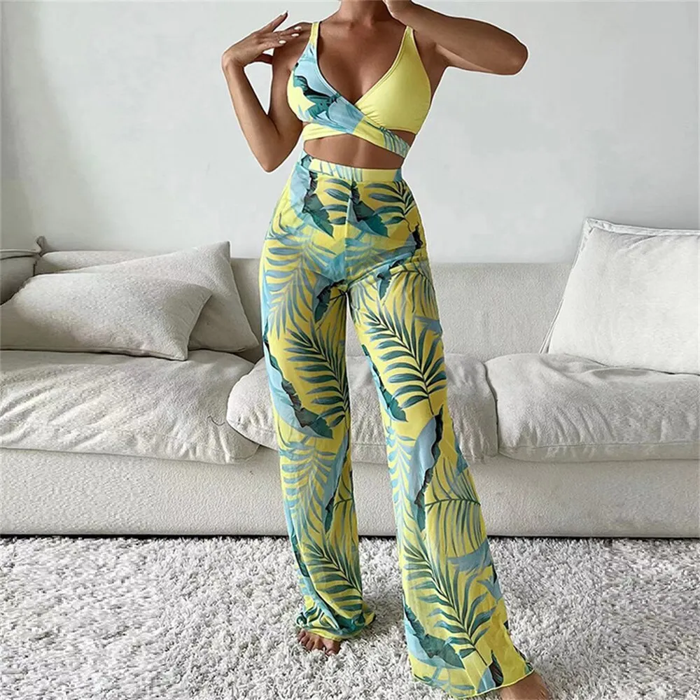 Sexy Women's Leaves Print Push-Up Bra Thong Cover Pants 3 Piece Beachwear