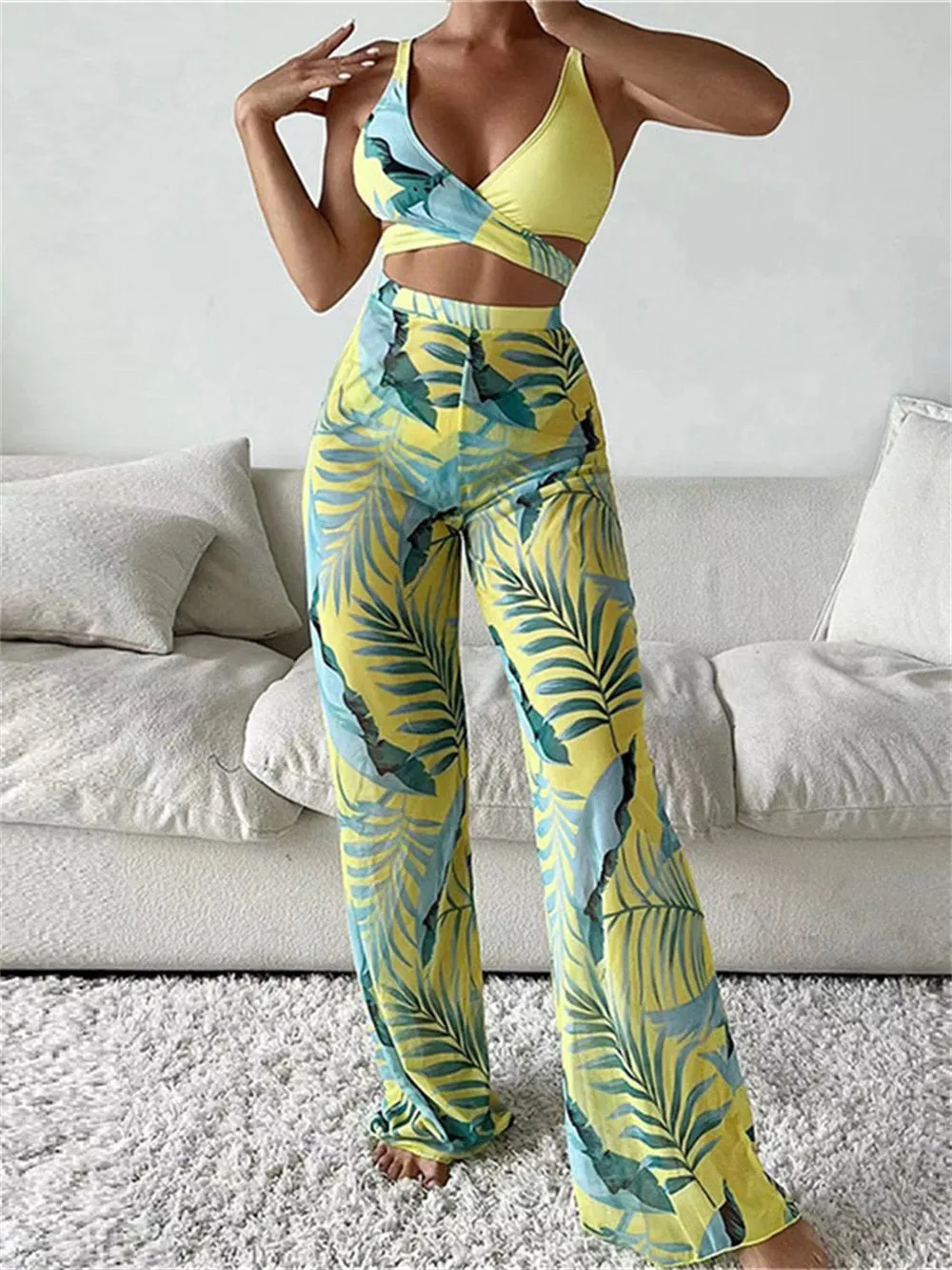 Sexy Women's Leaves Print Push-Up Bra Thong Cover Pants 3 Piece Beachwear