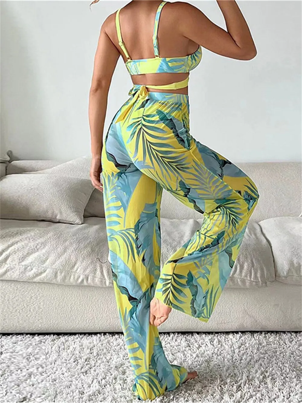 Sexy Women's Leaves Print Push-Up Bra Thong Cover Pants 3 Piece Beachwear