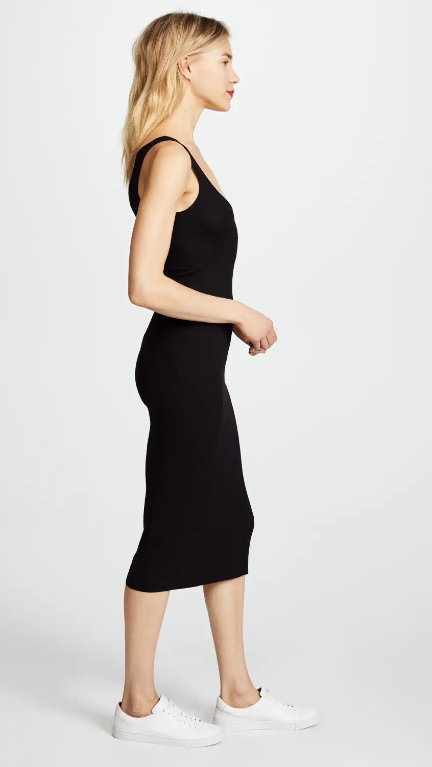 Silk Rib Tank Midi Dress - Black