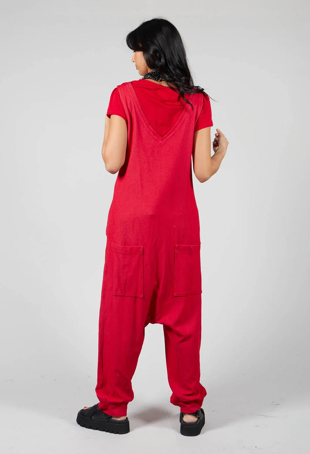 Sleeveless Overalls with V Neck Back in Red