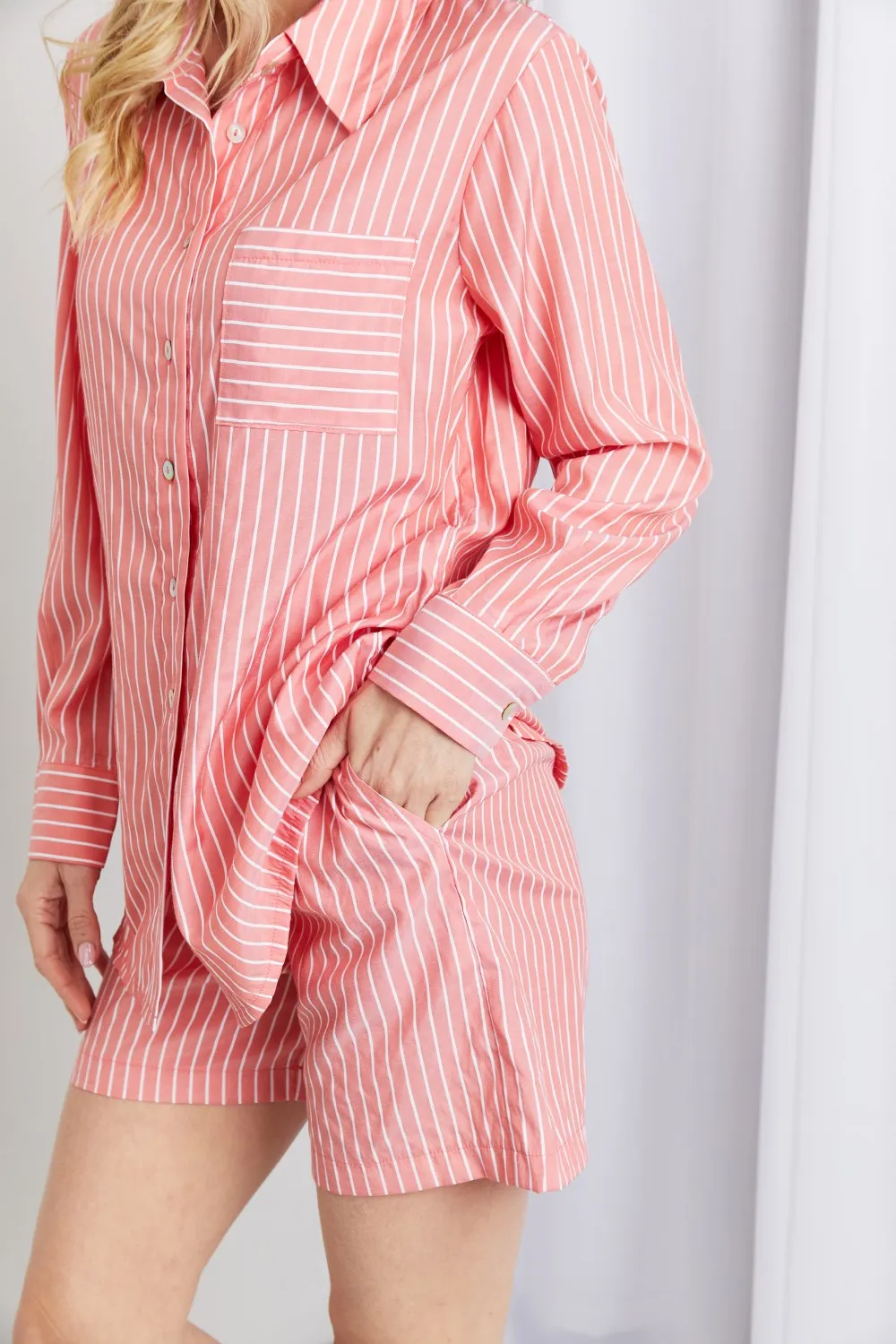 Striped Shirt and Shorts Loungewear Set in Deep Coral