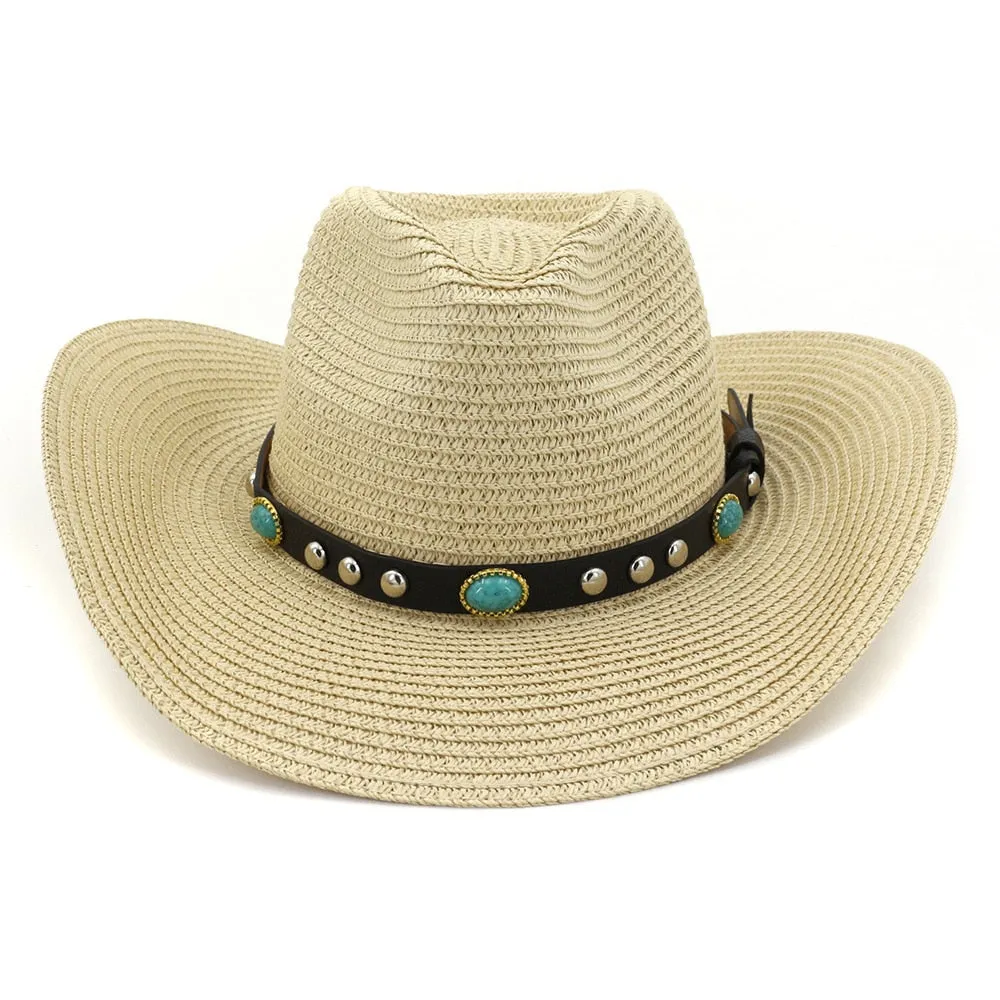 Unisex Summer Casual Gem Decor Large Brim Beachwear Cowboy Hat