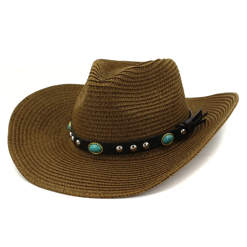 Unisex Summer Casual Gem Decor Large Brim Beachwear Cowboy Hat