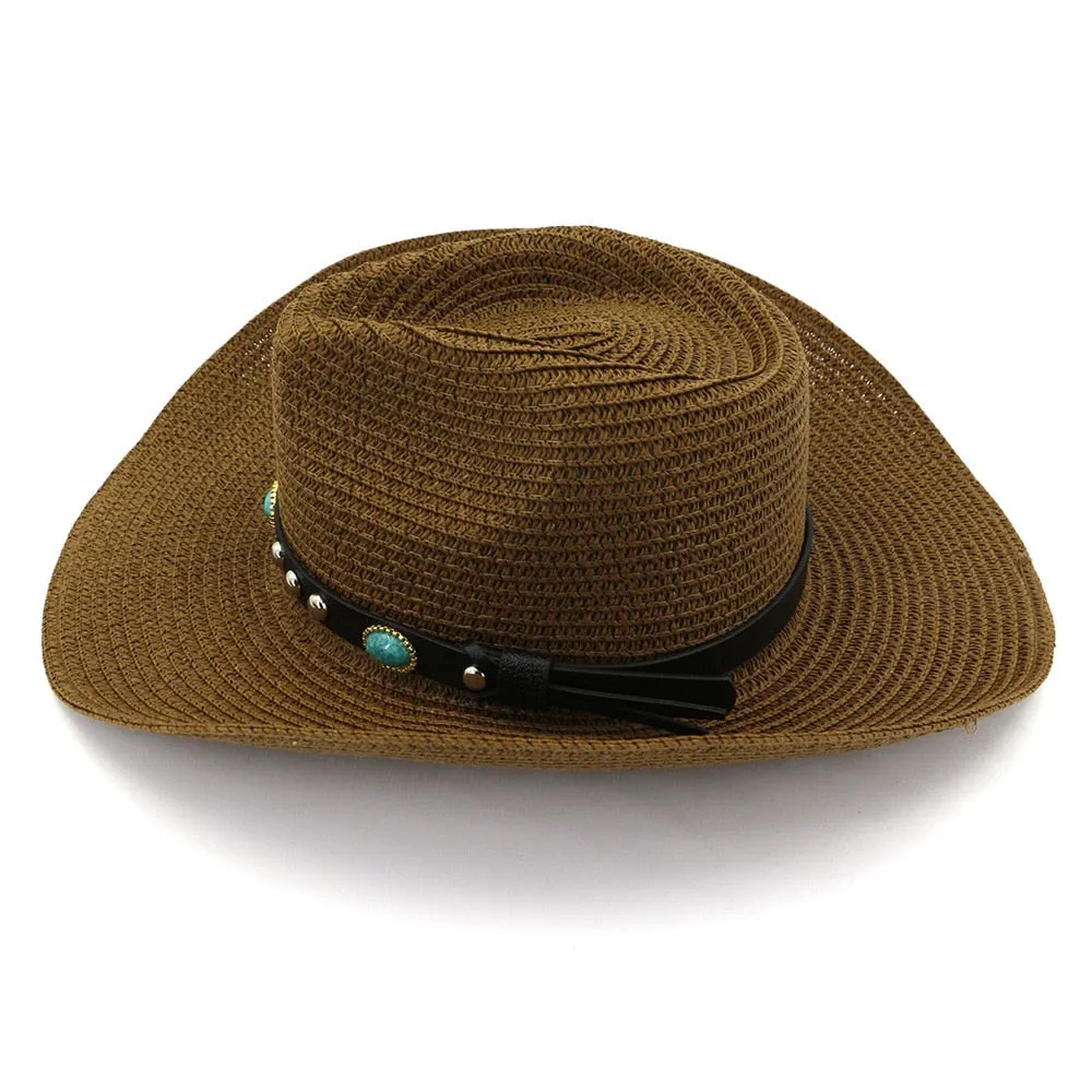 Unisex Summer Casual Gem Decor Large Brim Beachwear Cowboy Hat