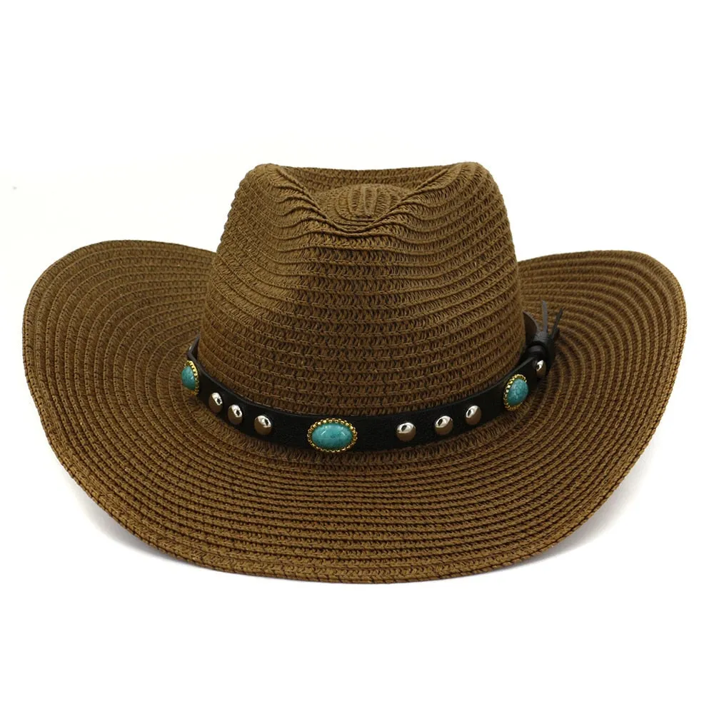 Unisex Summer Casual Gem Decor Large Brim Beachwear Cowboy Hat