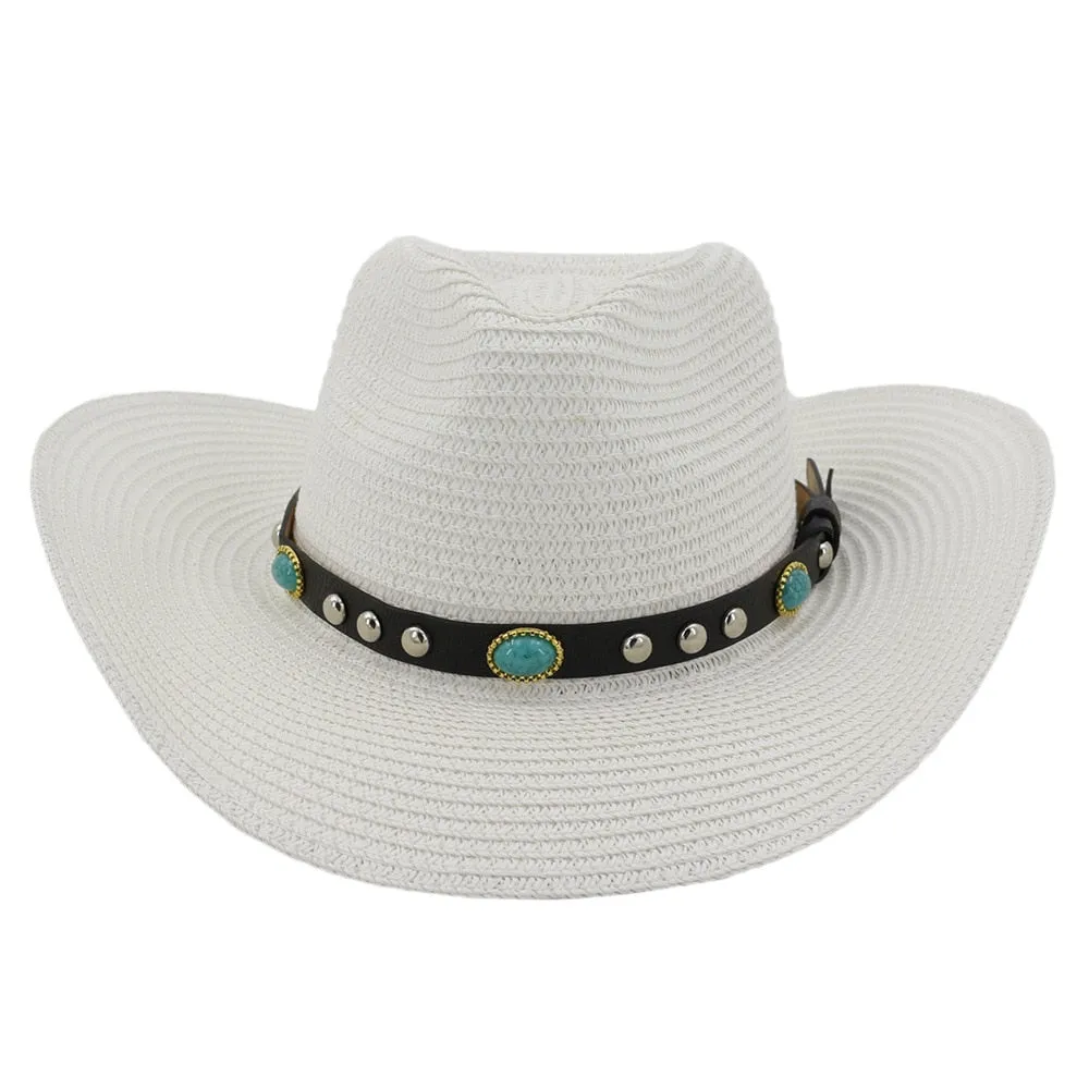 Unisex Summer Casual Gem Decor Large Brim Beachwear Cowboy Hat