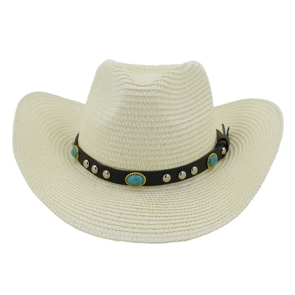 Unisex Summer Casual Gem Decor Large Brim Beachwear Cowboy Hat