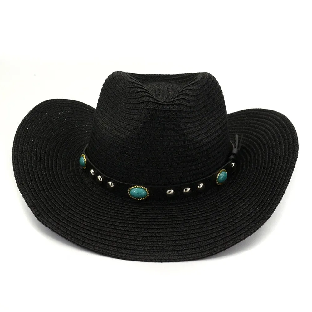 Unisex Summer Casual Gem Decor Large Brim Beachwear Cowboy Hat