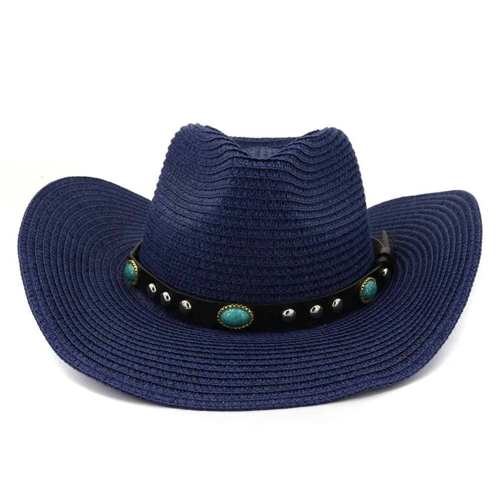 Unisex Summer Casual Gem Decor Large Brim Beachwear Cowboy Hat