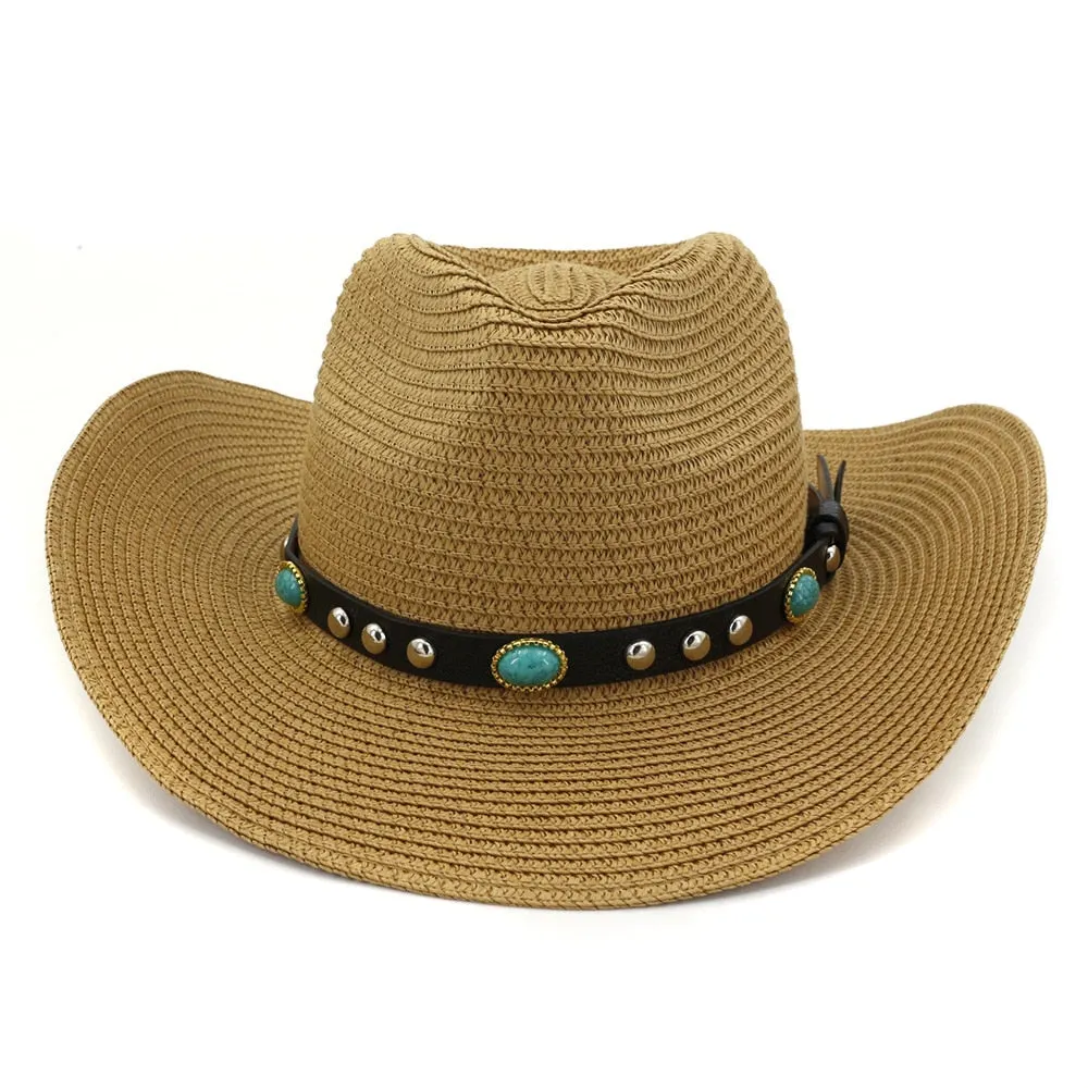 Unisex Summer Casual Gem Decor Large Brim Beachwear Cowboy Hat