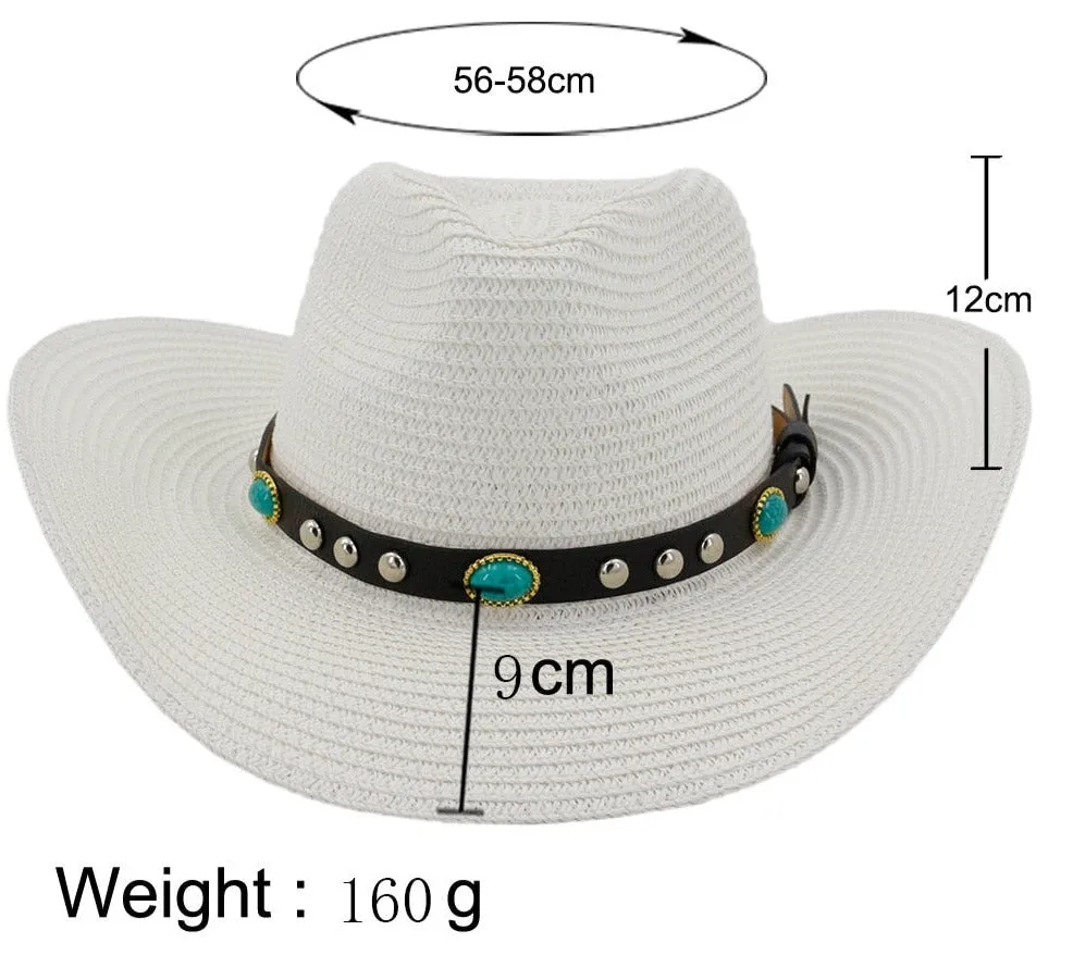 Unisex Summer Casual Gem Decor Large Brim Beachwear Cowboy Hat