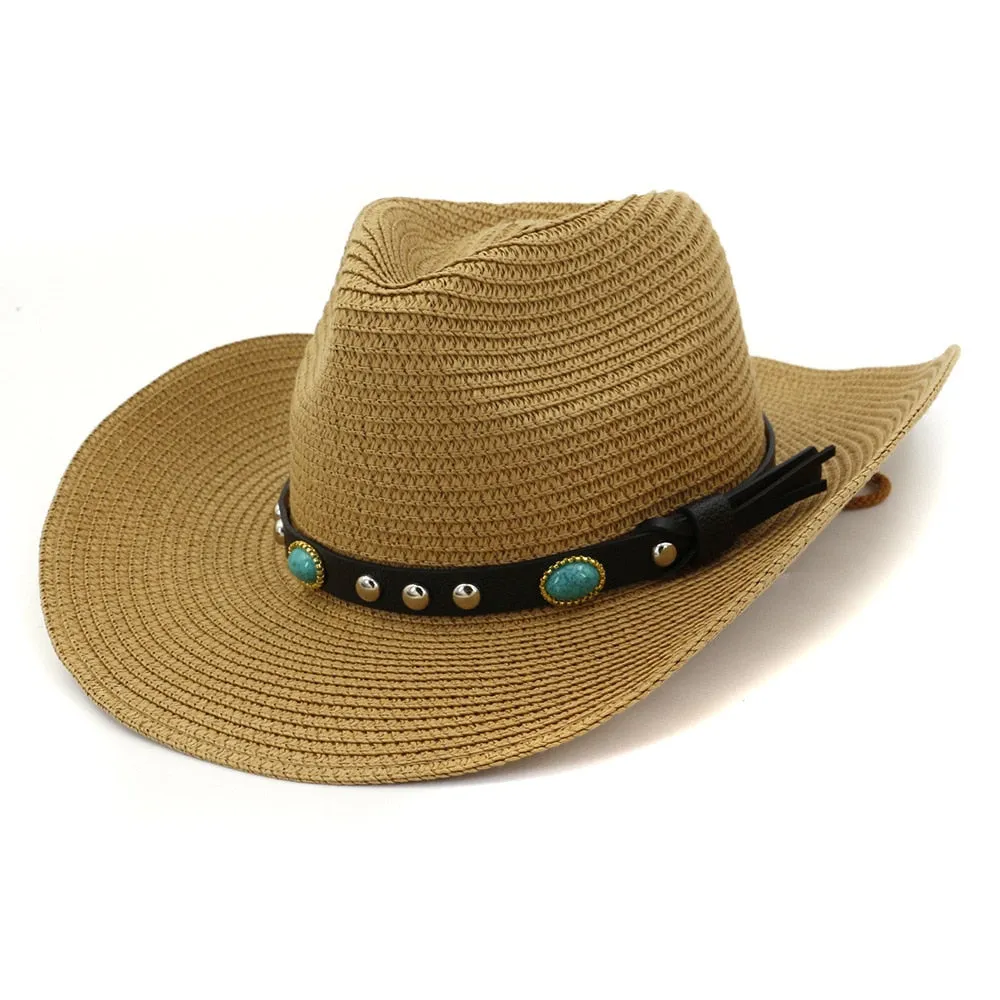 Unisex Summer Casual Gem Decor Large Brim Beachwear Cowboy Hat