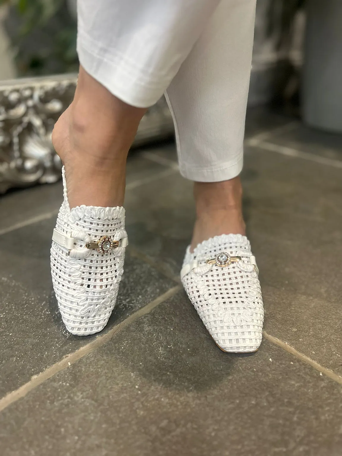 White Diamante Detail Slip Ons