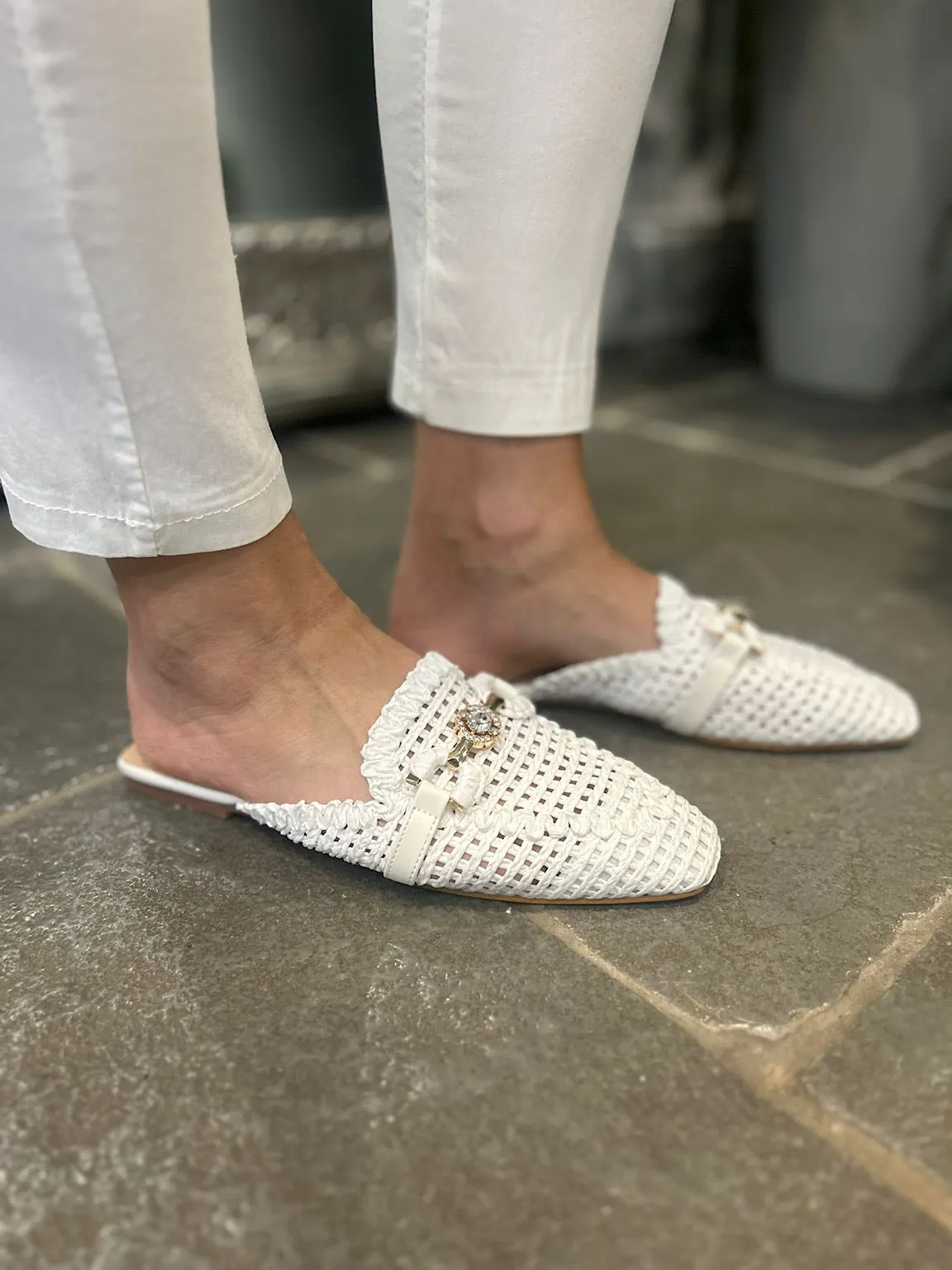 White Diamante Detail Slip Ons