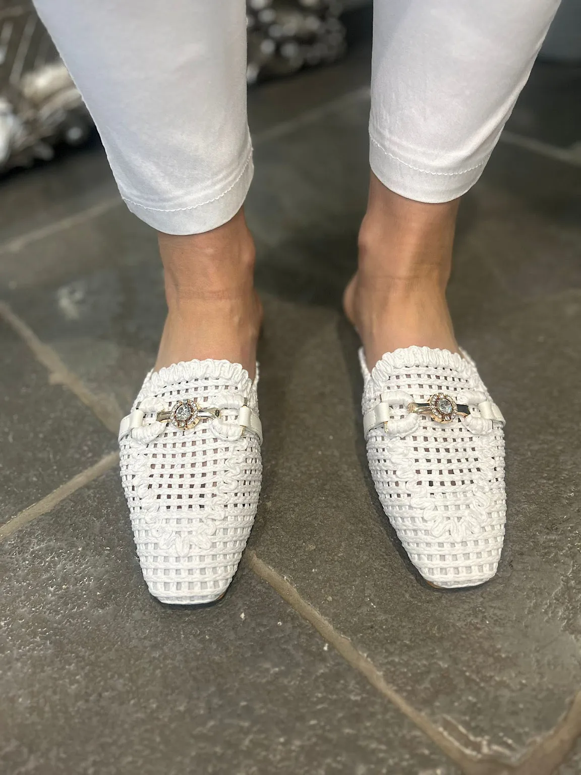 White Diamante Detail Slip Ons