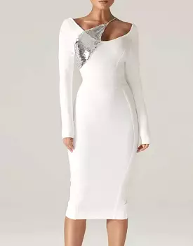 White Sequin Detailed Bandage Midi Dress