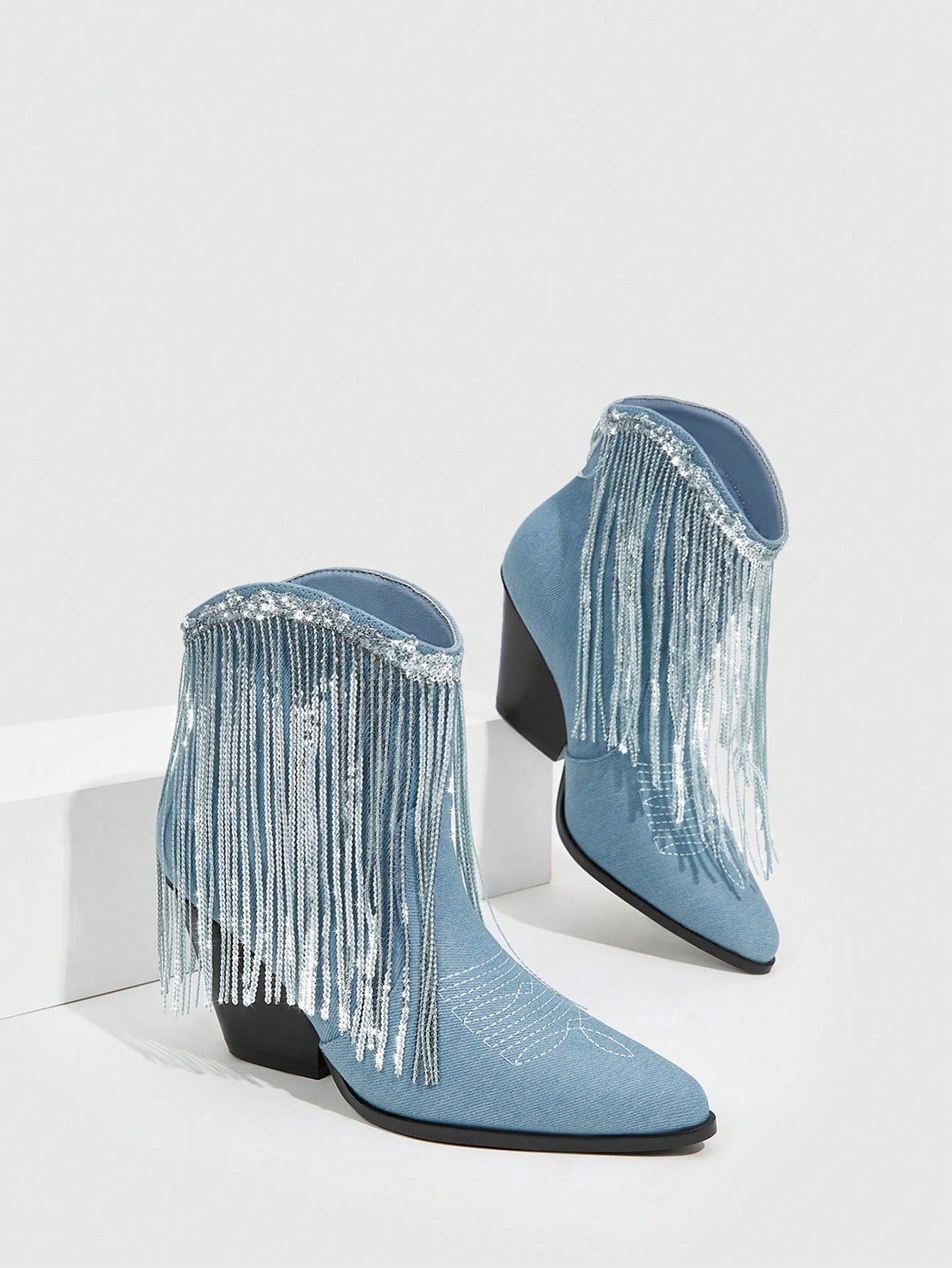 Woman Shoes Fashion Point Toe Sparkly Fringed One-Step Slip-On Western Blue Boots For Outdoor Valentines Day