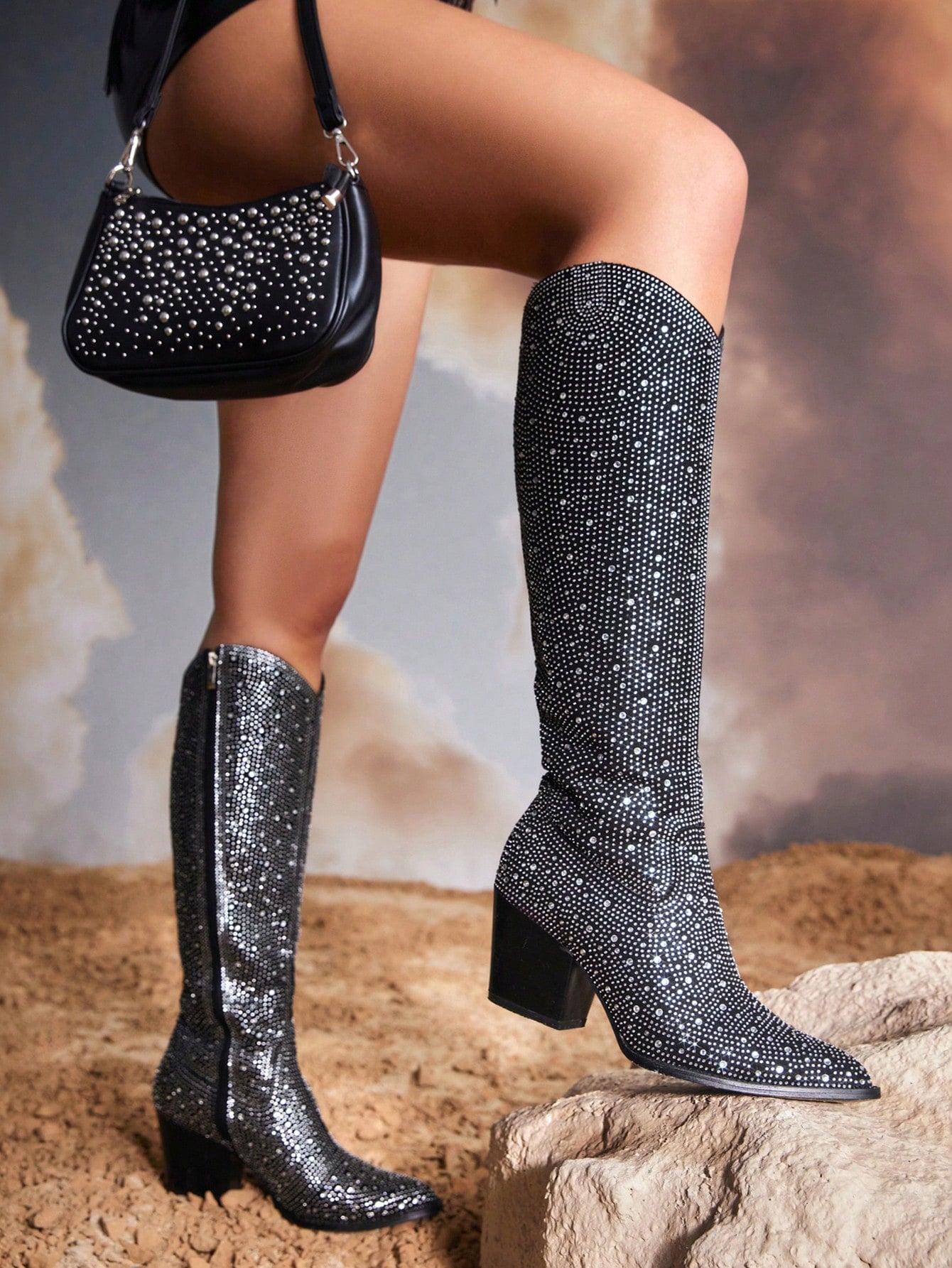 Woman Shoes Fashion Rhinestone Decoration Point Toe Classic Gorgeous Black Outdoor Boots Valentines Day