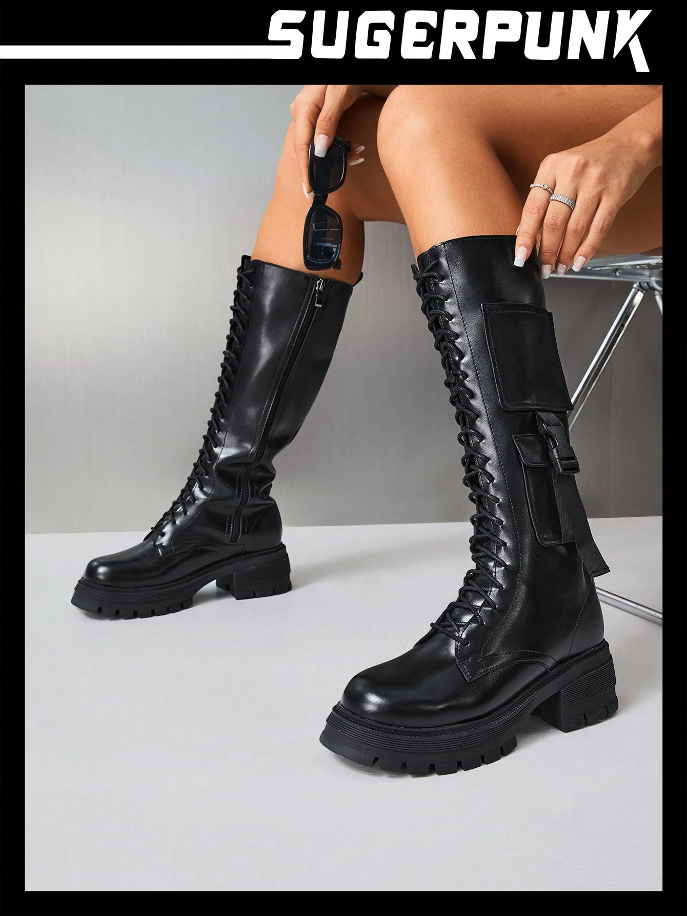 Woman Shoes Motorcycle Style PU Leather Thick Sole Black Boots