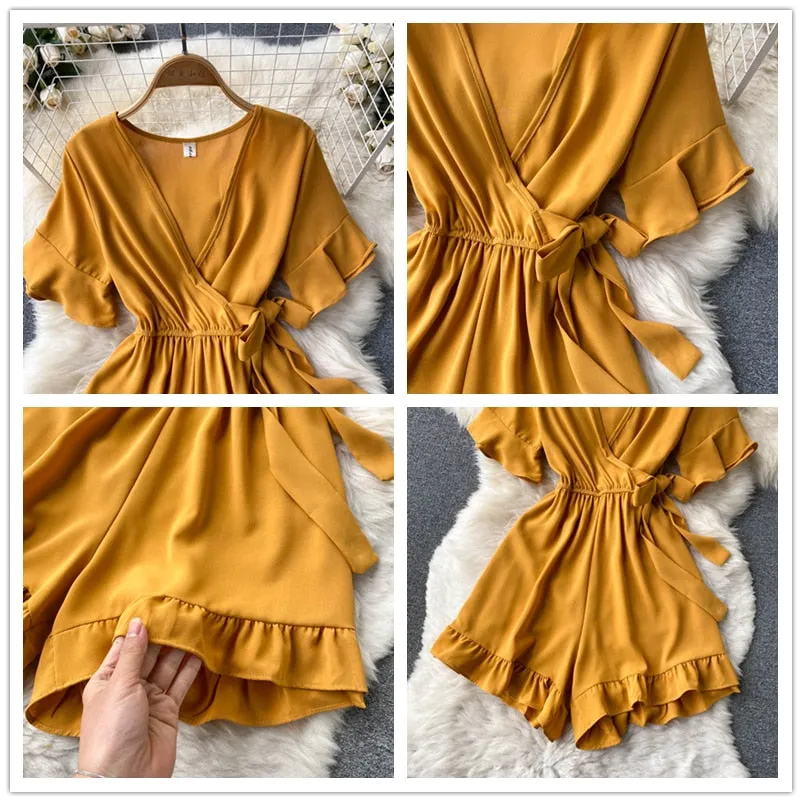 Women Rompers Flared Sleeve Solid Ruffle Wide Leg Short Jumpsuits