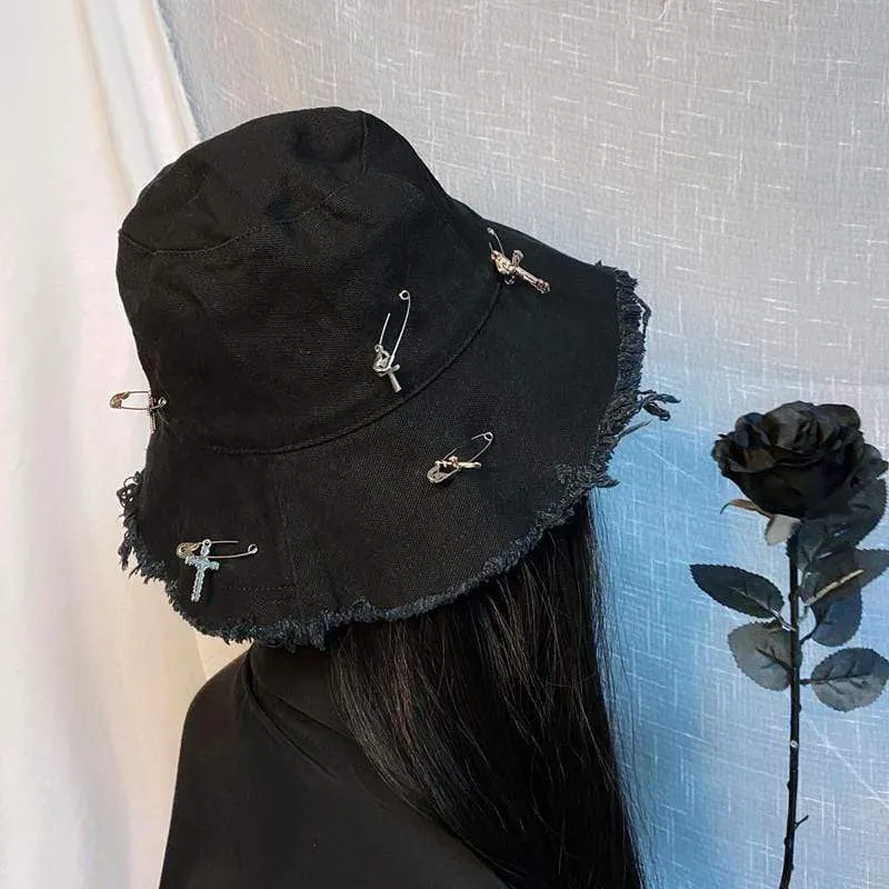 Women's Gothic Ripped Pins Crosses Bucket Hats