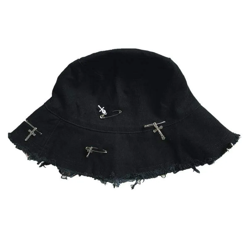 Women's Gothic Ripped Pins Crosses Bucket Hats