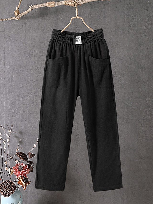 Women's High Waist Linen Cropped Pants with Side Pockets - Black/White - S M