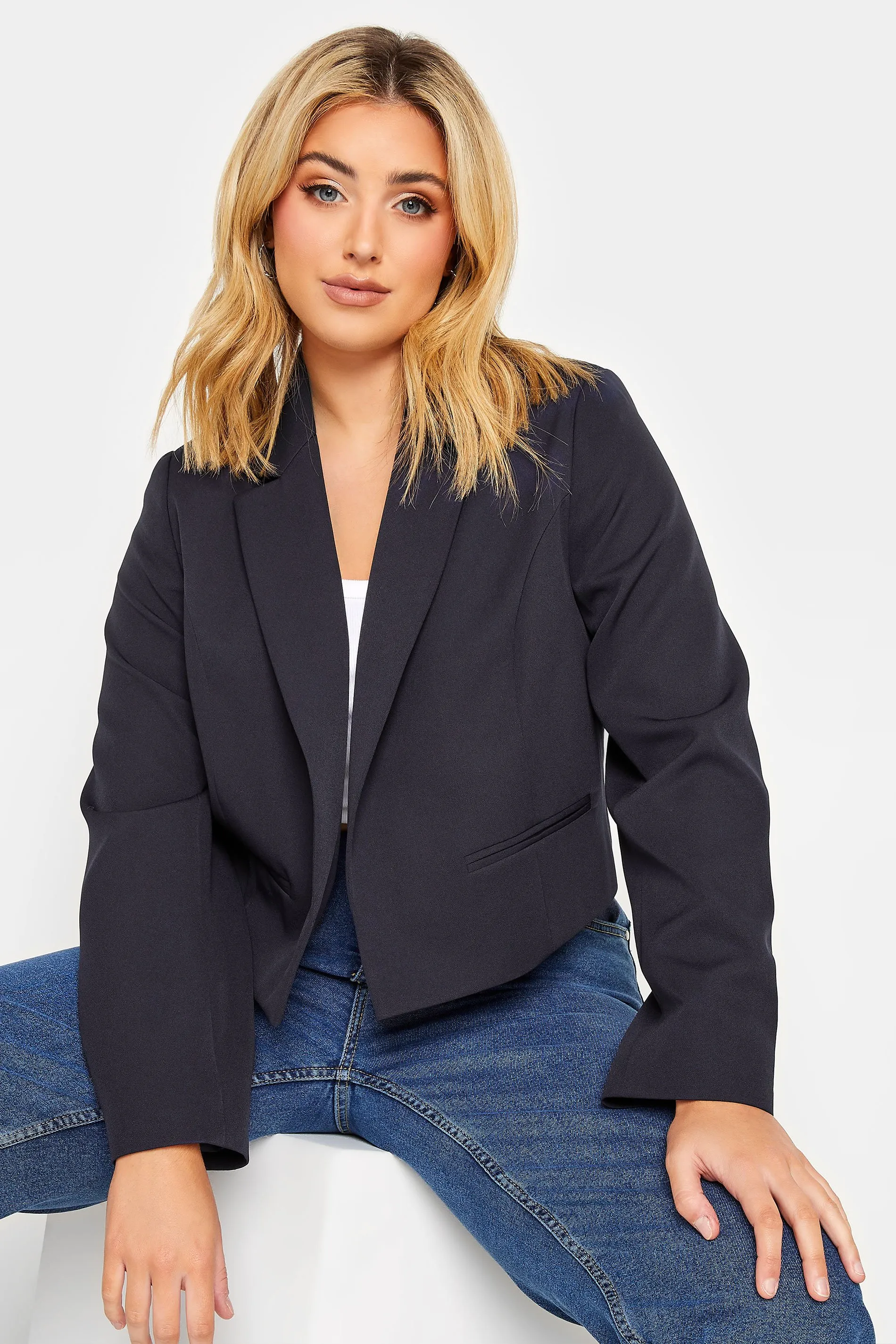 YOURS Curve Navy Blue Cropped Blazer