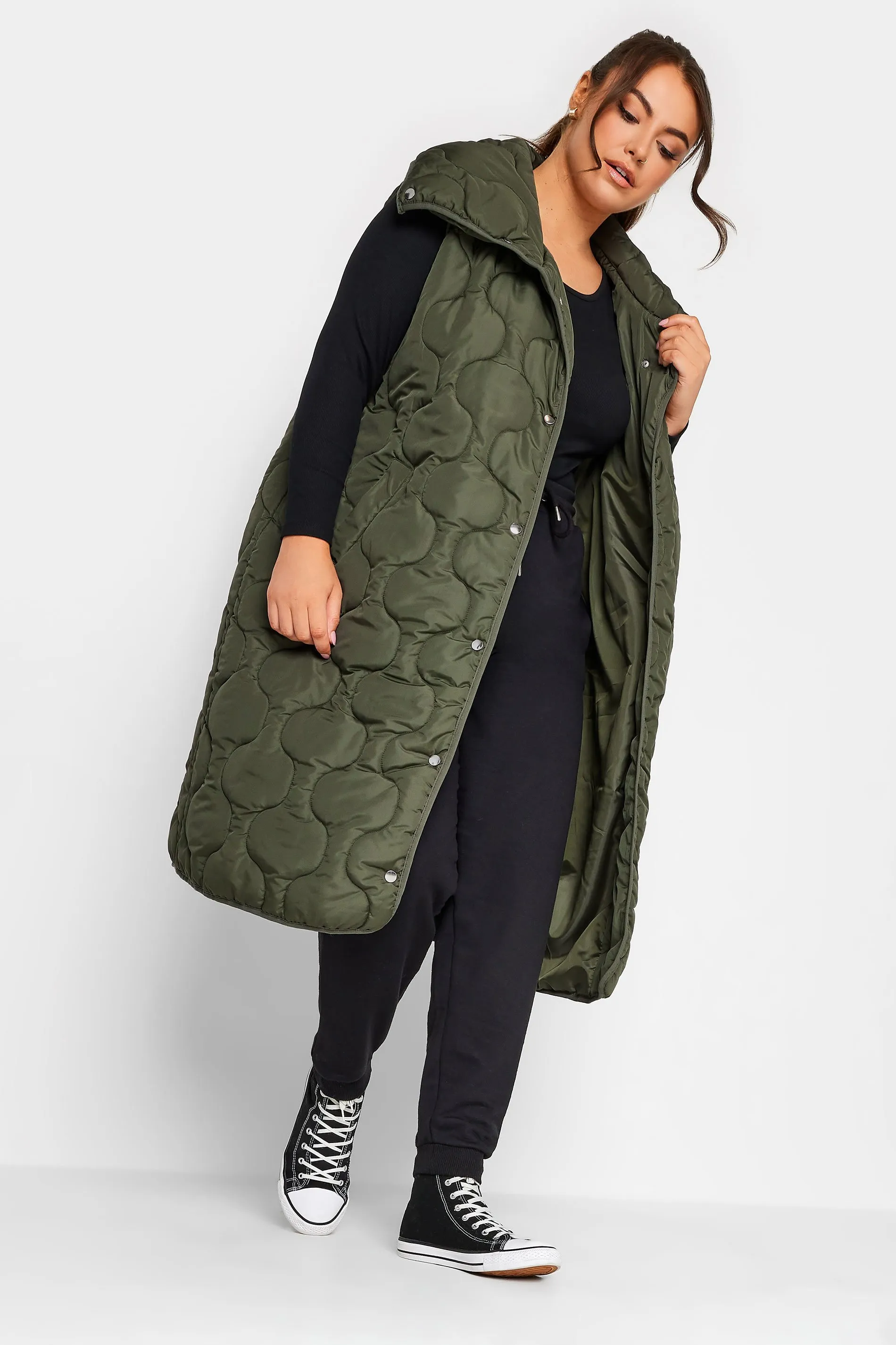 YOURS Curve Olive Green Funnel Neck Quilted Longline Gilet