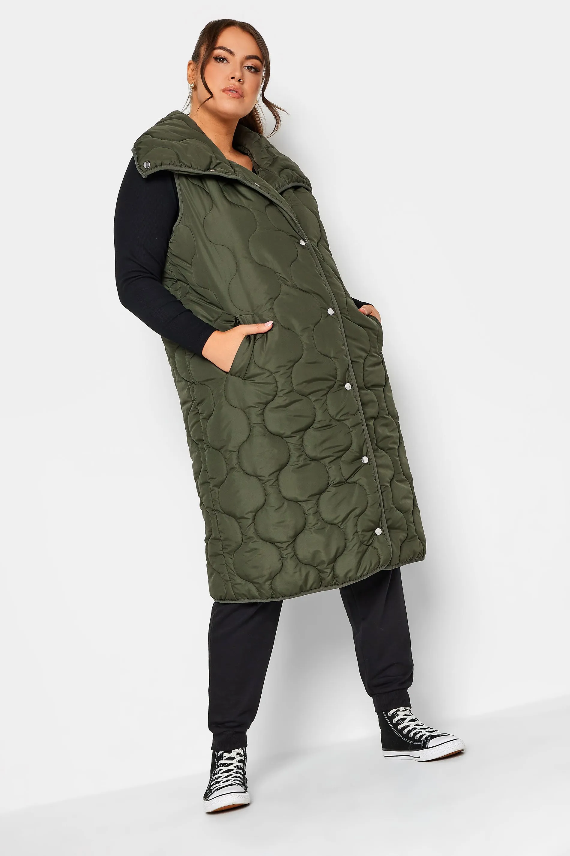 YOURS Curve Olive Green Funnel Neck Quilted Longline Gilet