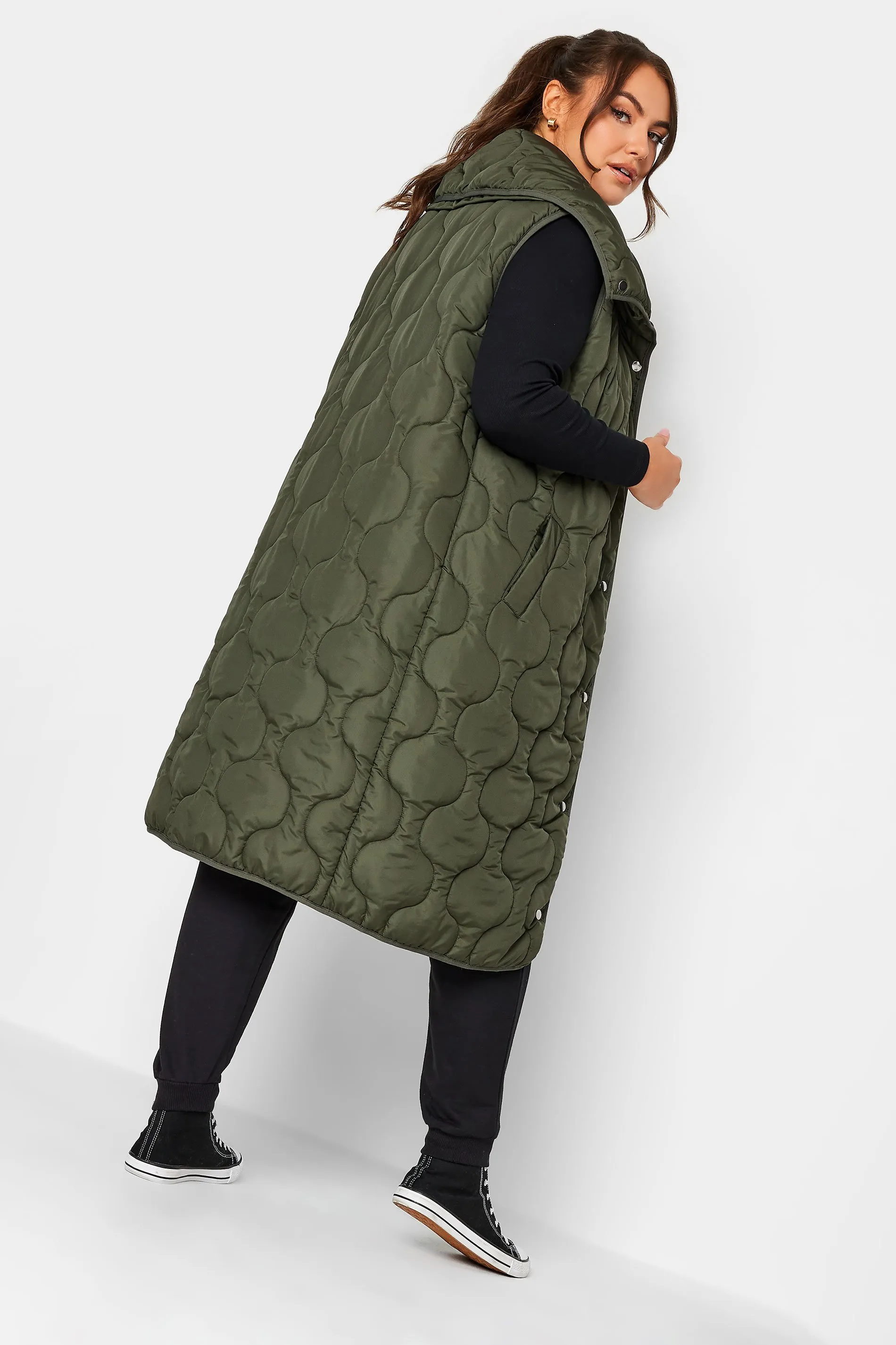 YOURS Curve Olive Green Funnel Neck Quilted Longline Gilet