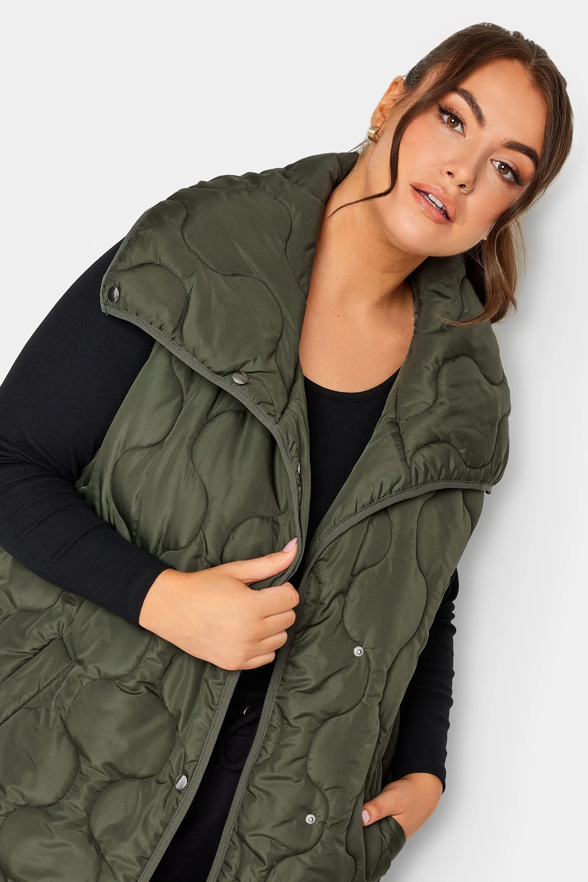 YOURS Curve Olive Green Funnel Neck Quilted Longline Gilet